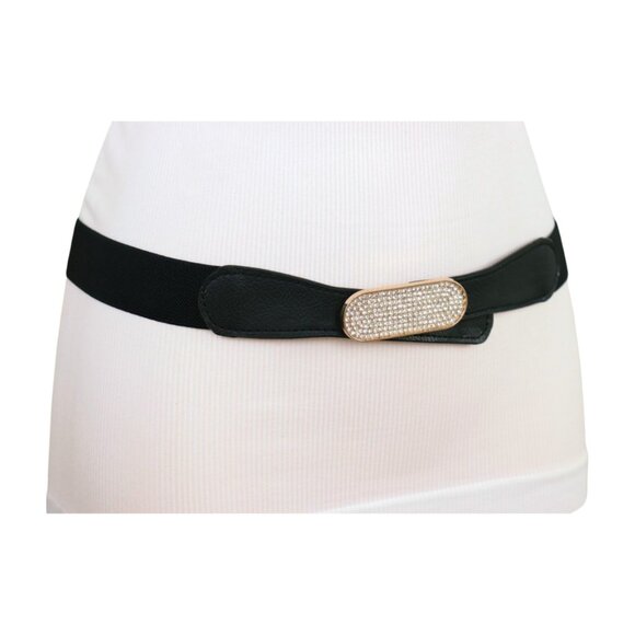 New Fun Women Black Stretch Waistband Fashion Belt Gold Oval Bling Buckle S M - Picture 5 of 17